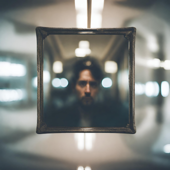 a blurred reflection in a distorted mirror capturing the distorted self perception associated with imposter syndrome