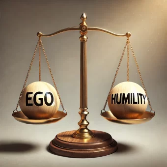 a scale balancing two shiny golden weights labeled 'ego' and 'humility'