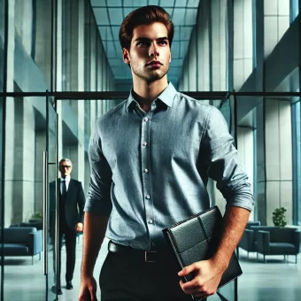 A confident software developer holding a black leather portfolio enters a modern office building, exuding readiness for an interview