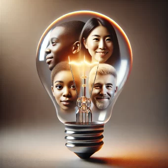 A glowing lightbulb with a diverse set of human faces symbolizing innovation through inclusivity.