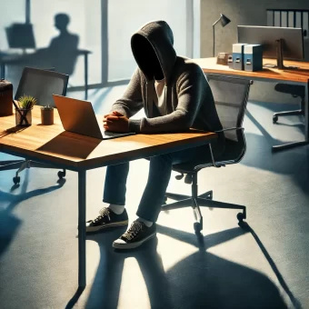 A faceless person in a hoodie works at a desk in an office, symbolizing lack of visibility in the workplace.