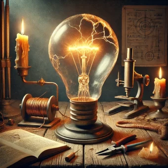 A glowing cracked light bulb surrounded by vintage tools and books, symbolizing the concept that failure is the new success.