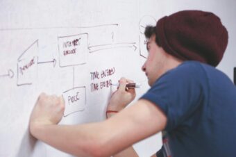 A young man in a beanie draws a software process diagram on a whiteboard, illustrating collaborative planning